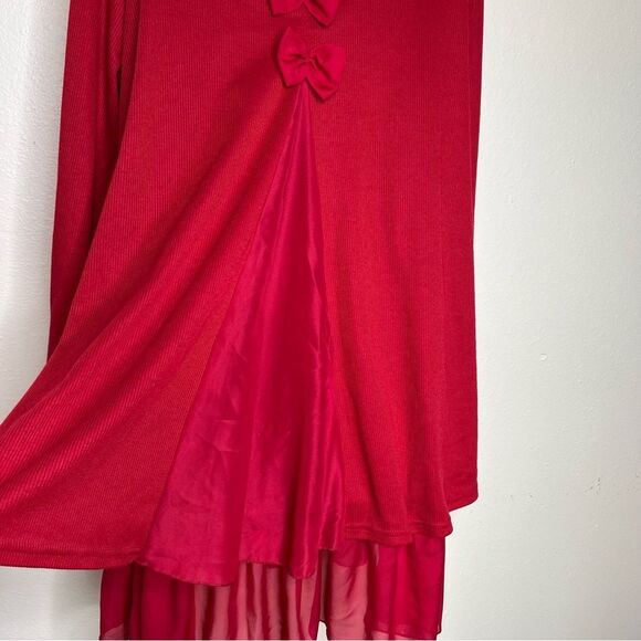 CL Shang Collection Red Rib Knit Chiffon Bow Back Ruffle Tiered Dress Women XL - Picture 9 of 14